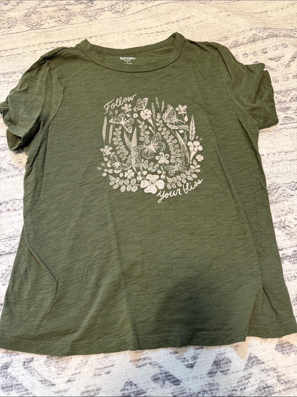 Old Navy Olive Green Short Sleeve Tee with White Floral Graphic